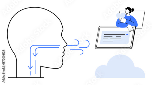 Breathing mechanics. Diagram showing airflow inside the human body, paired with digital interaction concept and cloud-based technology. Breathing health, education, innovations. For medical, health