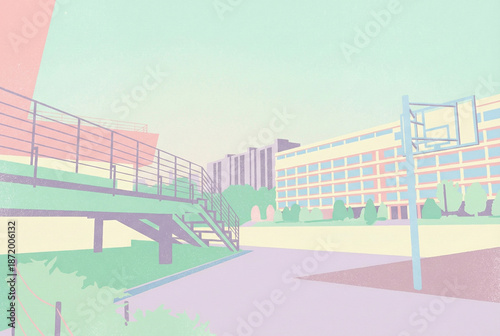Serene urban background featuring a basketball hoop and school building, lo-fi aesthetic pastel poster design.