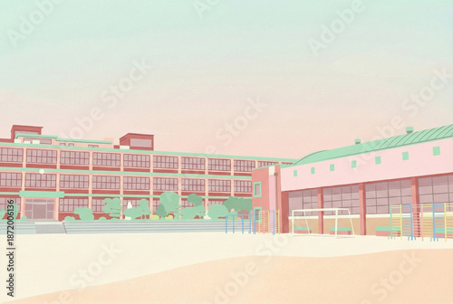 Minimalist pastel illustration of a school building and empty playground for poster background.