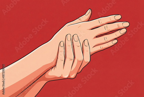 Graphic illustration of hands massaging a wrist, concept of carpal tunnel syndrome for medical posters.