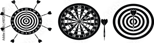 Dartboard silhouette, dart icon, black vector, bullseye target, accuracy concept, game illustration, sport, precision, success, competitionDartboard silhouette, dart icon, black vector