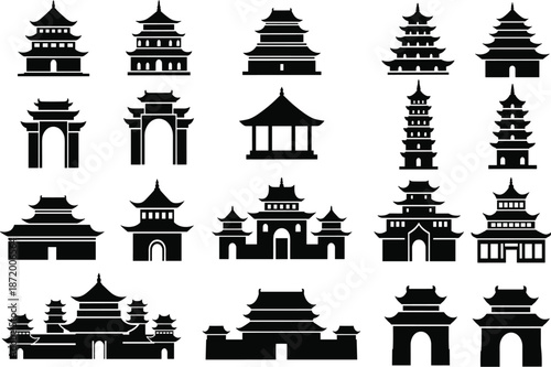 Chinese architecture silhouette, pagoda icon, temple vector, black graphic, traditional building, cultural heritage, illustration, design, structure, Asia, roof styleChinese architecture silhouette