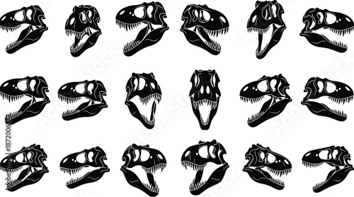 Tyrannosaurus rex skull, dinosaur head, fossil icon, black silhouette, prehistoric vector, graphic, illustration, bone structure, nature, paleontologyTyrannosaurus rex skull