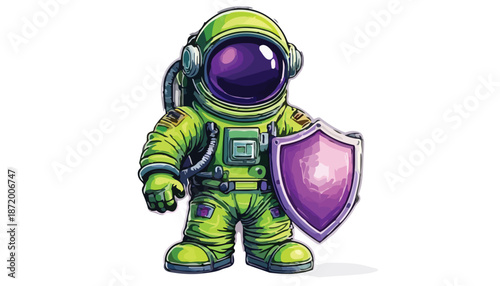 Astronaut Defender - A Cartoon Spaceman Protecting with a Shield.