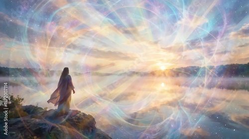The sun rising over a calm body of water, symbolizing the awakening of consciousness and the birth of Yang energy.