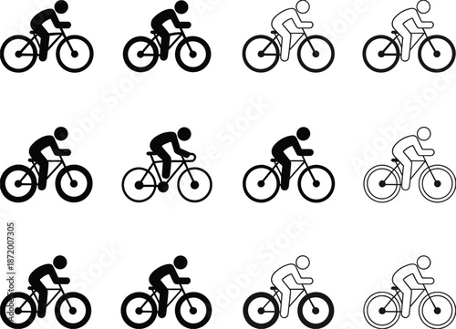 Collection Of Cyclist Icons In Black Silhouette And Outline Styles bicycle cycling