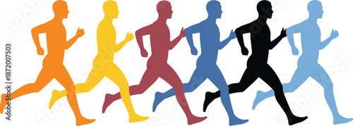 Colorful Silhouettes Of Runners In Motion On White Background Keywords: running, runner, silhouette, motion, movement, sport
