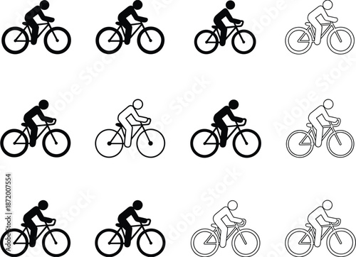 Cyclist Silhouettes in Black and White Line Art on White Background bicyclist bicycle