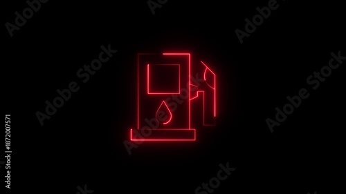 neon gas station icon animation,glowing neon gasoline pump nozzle icon isolated on black background, Fuel pump petrol station. oil pump nozzle icon animation, 4k video footage.
