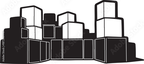 Black and white cityscape with stacked boxes illustration
