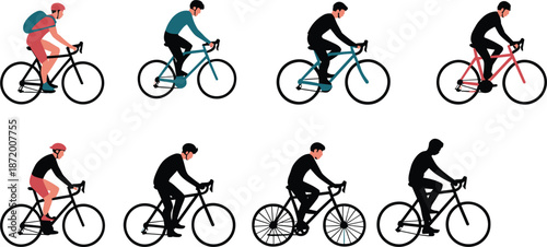 Eight Cyclist Silhouettes with Colored Clothing and Bicycles bike rider