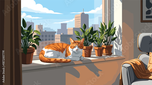Flat vector illustration of a relaxed domestic cat resting on a sunny windowsill inside a modern living room, cozy home atmosphere, clean outlines, solid colors, perfect for pet lifestyle concepts