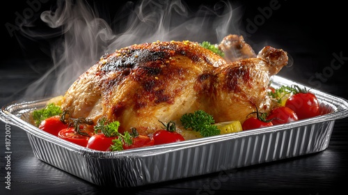 Delicious roasted chicken is presented on a foil pan with tomatoes and parsley, emanating warm steam against a dark, isolated background.