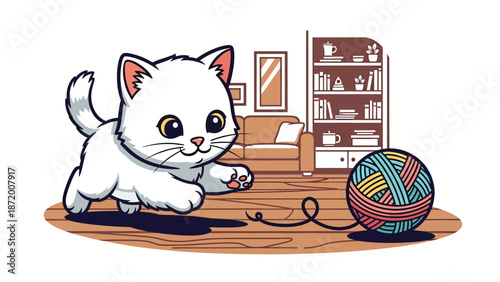 Playful kitten chasing a ball of yarn in a cozy home interior, flat vector illustration with solid colors and clean outlines, cheerful pet activity concept for lifestyle and animal themes