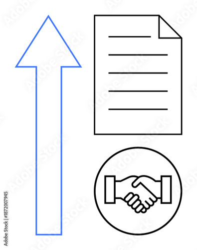 Business growth concept. ation of upward progress with an arrow, collaborative efforts with a handshake, and formal agreements with a document. Ideal for teamwork, partnerships, goal achievement