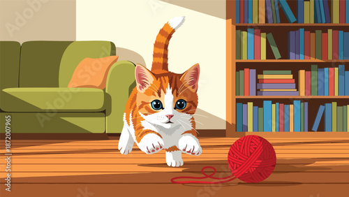 Playful kitten chasing a ball of yarn in a cozy home interior, flat vector illustration with solid colors and clean outlines, cheerful pet activity concept for lifestyle and animal themes
