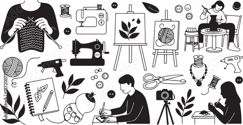 Creative people engaging in various artistic activities together