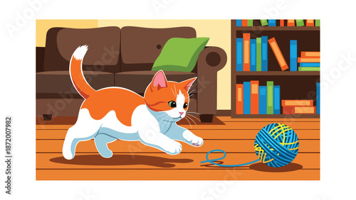Playful kitten chasing a ball of yarn in a cozy home interior, flat vector illustration with solid colors and clean outlines, cheerful pet activity concept for lifestyle and animal themes