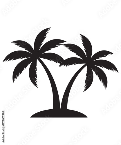 Silhouette of two palm trees on a small island, representing a tropical paradise and vacation destination.