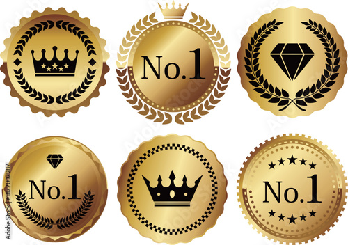 高級感のあるNo.1と王冠のエンブレム6種セット　ブラック＆ゴールド