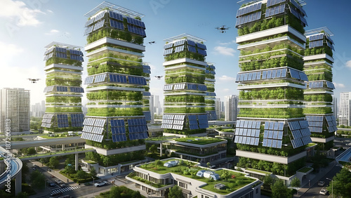 Futuristic sustainable cityscape with green skyscrapers