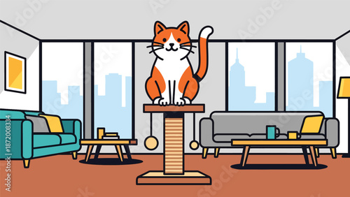 Happy domestic cat sitting on a scratching post in a modern apartment interior, flat vector illustration with solid colors and clean outlines, perfect for pet care and lifestyle visuals