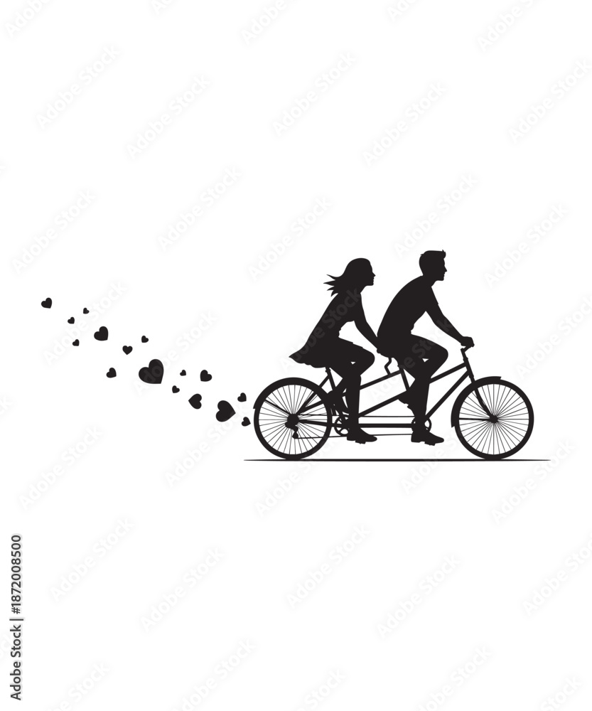 Obraz premium Silhouette of a couple riding a tandem bicycle with hearts floating behind them.