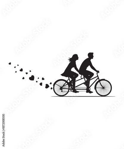 Silhouette of a couple riding a tandem bicycle with hearts floating behind them.