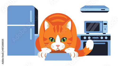 Domestic cat eating from a food bowl in a clean kitchen setting, flat vector illustration with solid colors and simple shapes, ideal for pet nutrition and daily routine concepts
