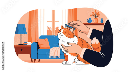 Calm pet cat being gently brushed during grooming time, cozy home interior scene, flat vector illustration with solid colors and clean outlines for pet care and wellness themes