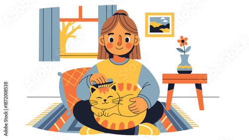 Calm pet cat being gently brushed during grooming time, cozy home interior scene, flat vector illustration with solid colors and clean outlines for pet care and wellness themes