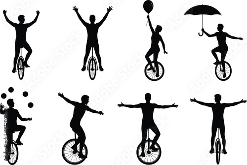 Silhouette Collection Of People On Unicycles With Props On White Background person woman