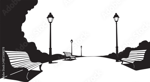 Black and white park scene with benches and lampposts