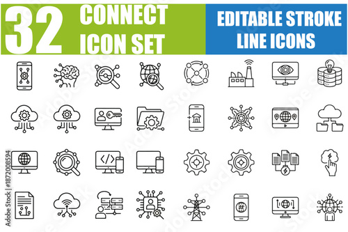 Connect Icon Set - Network, Integration, Communication, Link, Partnership, Handshake, Bridge, Technology, Social Media, Plug, Socket and More - Editable Stroke Vector Illustration for Adobe Stock and 