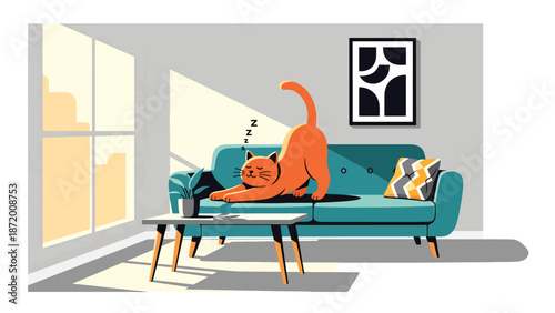 Relaxed cat stretching on a sofa in a bright living room, flat vector illustration with solid colors and clean outlines, peaceful pet lifestyle scene ideal for home comfort themes