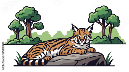Wild cat resting on a rock in a peaceful forest clearing, flat vector illustration with solid colors and clean outlines, calm wildlife nature scene for animal and ecology themes