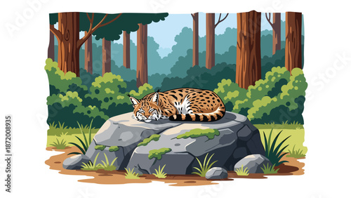 Wild cat resting on a rock in a peaceful forest clearing, flat vector illustration with solid colors and clean outlines, calm wildlife nature scene for animal and ecology themes