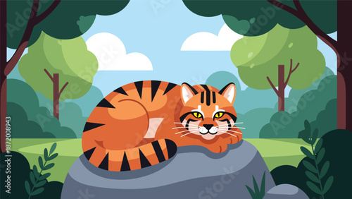 Wild cat resting on a rock in a peaceful forest clearing, flat vector illustration with solid colors and clean outlines, calm wildlife nature scene for animal and ecology themes