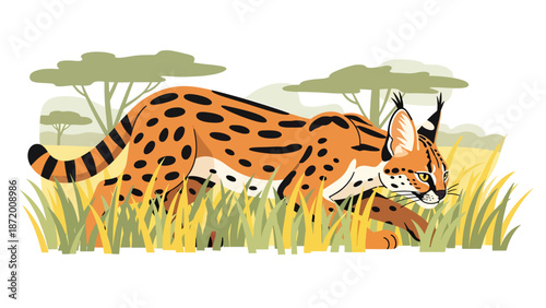 Wild cat hunting quietly through tall grass, flat vector illustration with solid colors and clean outlines, focused wildlife behavior scene ideal for nature and animal concepts