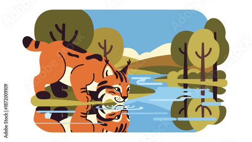 Wild cat drinking water from a river in a natural landscape, flat vector illustration with solid colors and clean outlines, peaceful wildlife moment for nature and ecology themes