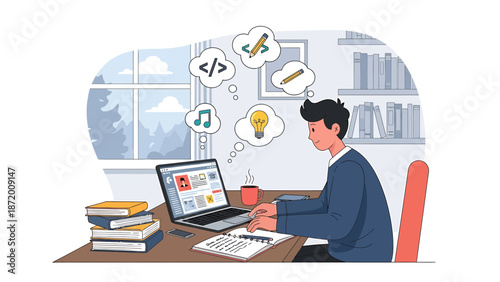 Creative Worker Brainstorming Ideas While Working on Laptop at Desk