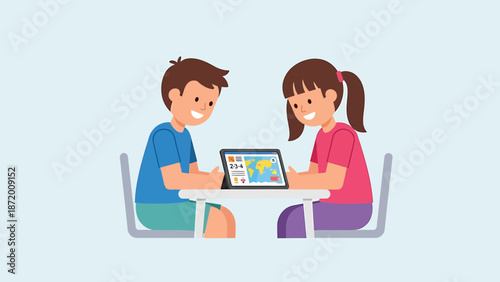 Children learning together on a tablet, modern education, digital classroom, teamwork