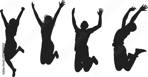 Silhouettes of four individuals leaping joyfully with arms outstretched upwards jumping celebration