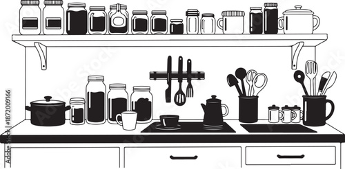 Black and white kitchen with various utensils and appliances