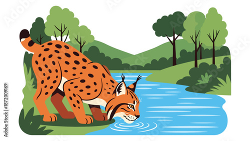 Wild cat drinking water from a river in a natural landscape, flat vector illustration with solid colors and clean outlines, peaceful wildlife moment for nature and ecology themes