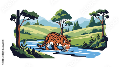 Wild cat drinking water from a river in a natural landscape, flat vector illustration with solid colors and clean outlines, peaceful wildlife moment for nature and ecology themes