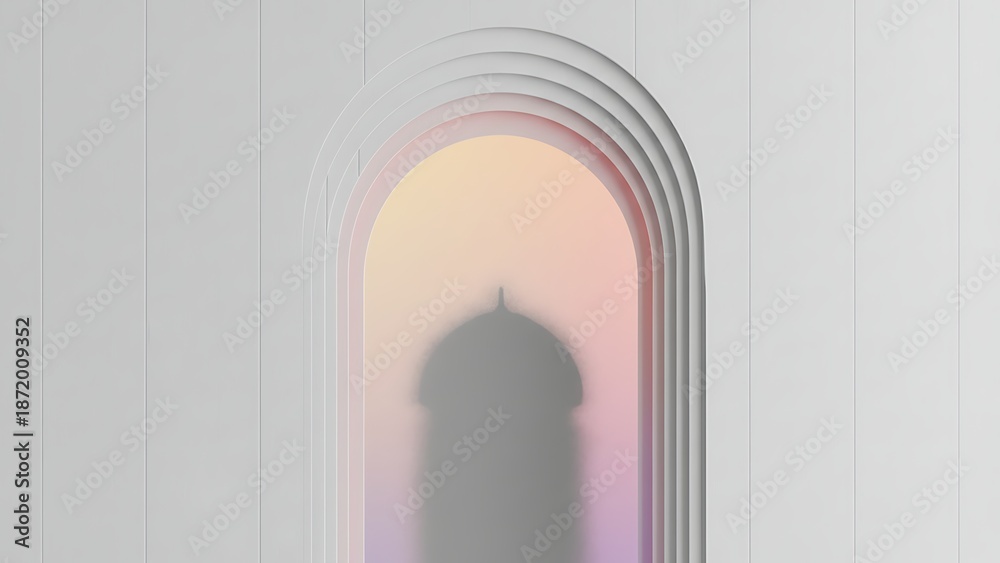 Fototapeta premium Arched Window Silhouette of Mosque at Sunset with Soft Glow Effect