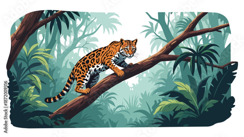 Wild cat climbing a tree branch in a forest environment, flat vector illustration with solid colors and clean outlines, dynamic wildlife activity scene for nature concepts