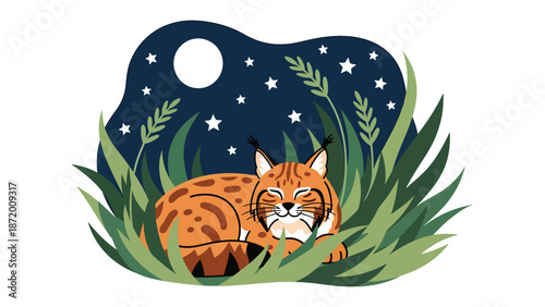 Wild cat resting under moonlight in tall grass, nighttime wildlife scene in flat vector illustration with solid colors and clean outlines, peaceful nature and animal concept