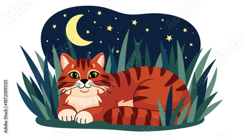 Wild cat resting under moonlight in tall grass, nighttime wildlife scene in flat vector illustration with solid colors and clean outlines, peaceful nature and animal concept